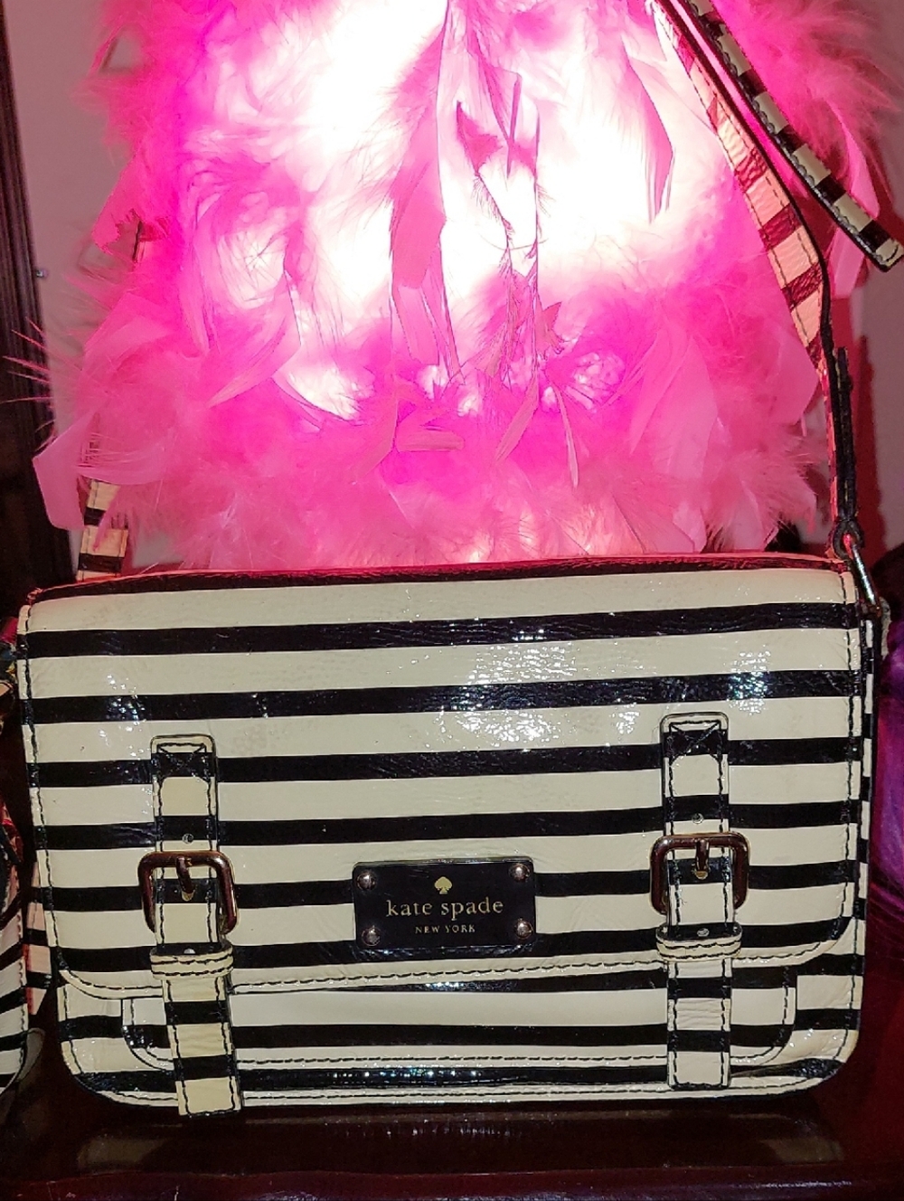 kate spade Black and White Striped Patent Crossbody Bag